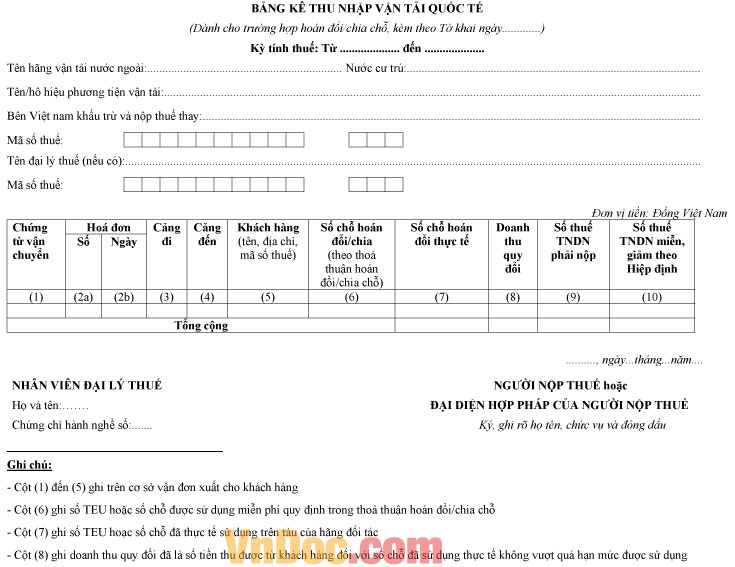 Mẫu bảng kê thu nhập vận tải quốc tế