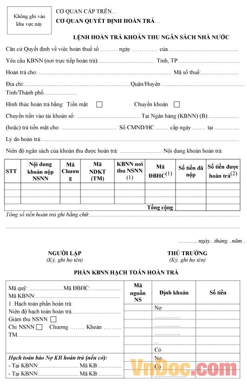 Mẫu lệnh hoàn trả khoản thu ngân sách Nhà nước