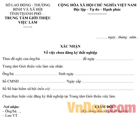 Mẫu xác nhận chưa đăng ký thất nghiệp