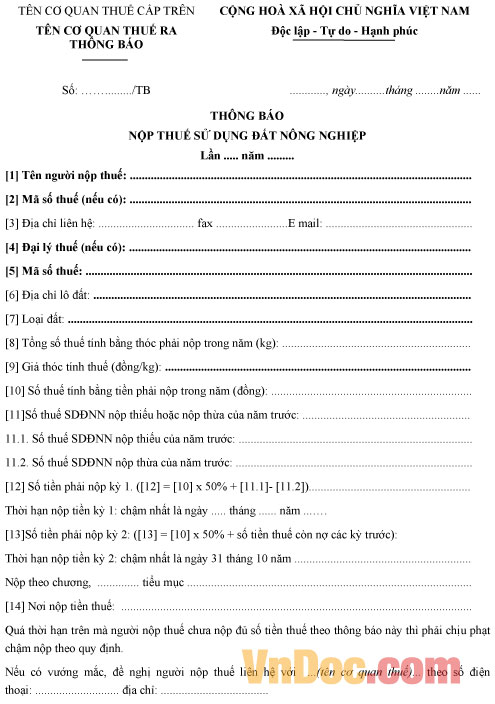 Mẫu thông báo nộp thuế sử dụng đất nông nghiệp