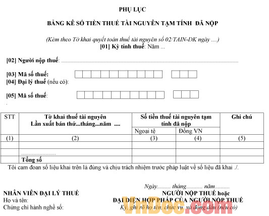 Mẫu bảng kê số tiền thuế tài nguyên tạm tính đã nộp
