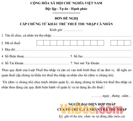 Mẫu đơn đề nghị cấp chứng từ khấu trừ thuế TNCN