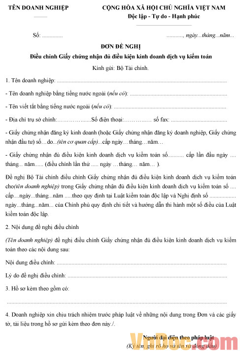 Mẫu đơn đề nghị điều chỉnh giấy chứng nhận kinh doanh kiểm toán