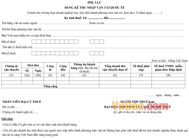 Mẫu bảng kê thu nhập vận tải quốc tế
