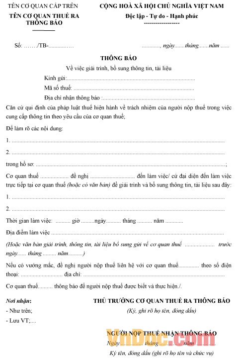 Thông báo về việc giải trình, bổ sung thông tin, tài liệu