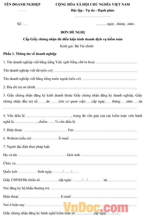 Mẫu đơn đề nghị cấp giấy chứng nhận kinh doanh dịch vụ kiểm toán