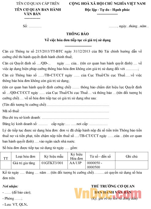 Mẫu thông báo về việc hóa đơn tiếp tục có giá trị sử dụng