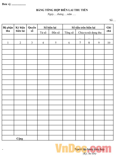 Mẫu bảng tổng hợp biên lai thu tiền