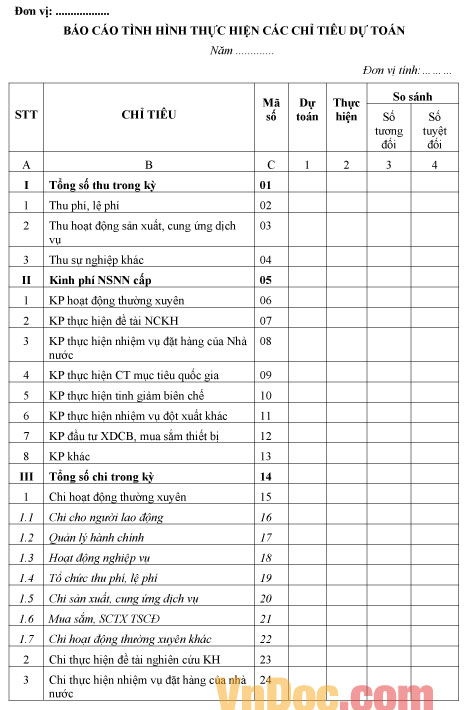 Mẫu báo cáo tình hình thực hiện các chỉ tiêu dự toán