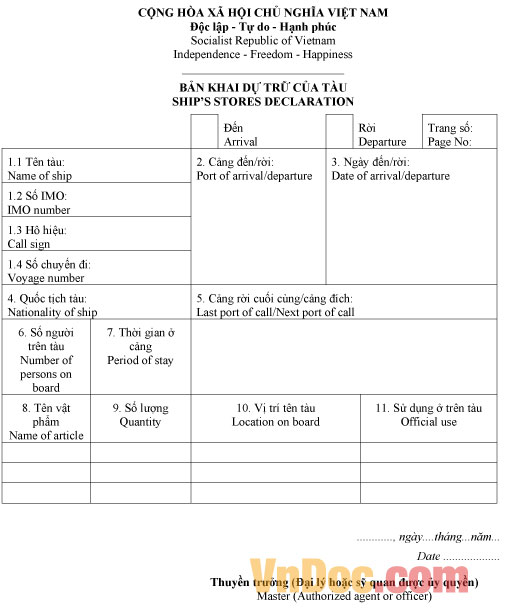 Mẫu bản khai dự trữ của tàu