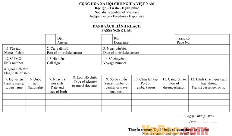 Mẫu danh sách hành khách