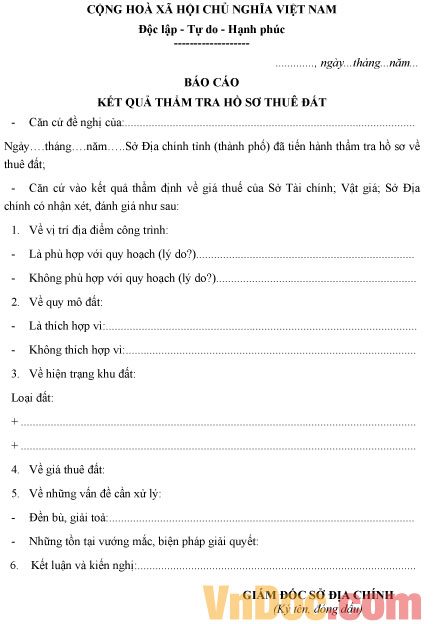 Mẫu báo cáo kết quả thẩm tra hồ sơ thuê đất