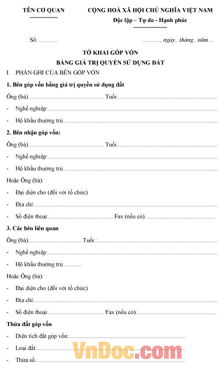 Mẫu tờ khai góp vốn bằng giá trị quyền sử dụng đất