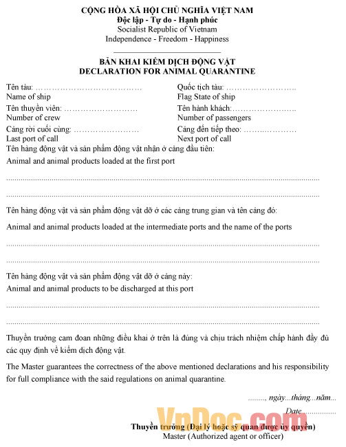 Mẫu bản khai kiểm dịch động vật