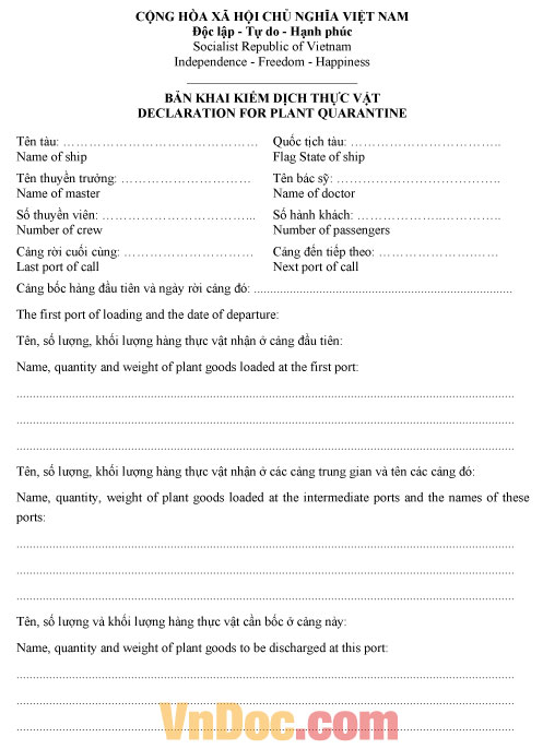 Mẫu bản khai kiểm dịch thực vật