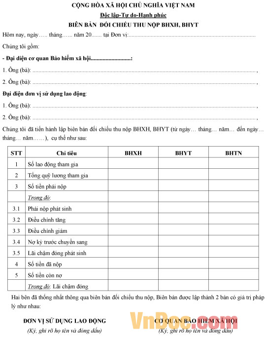 Mẫu biên bản đối chiếu nộp thu BHXH, BHYT