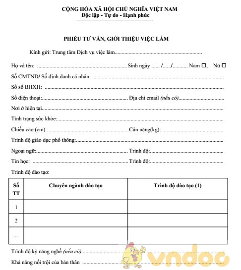 Phiếu tư vấn giới thiệu việc làm
