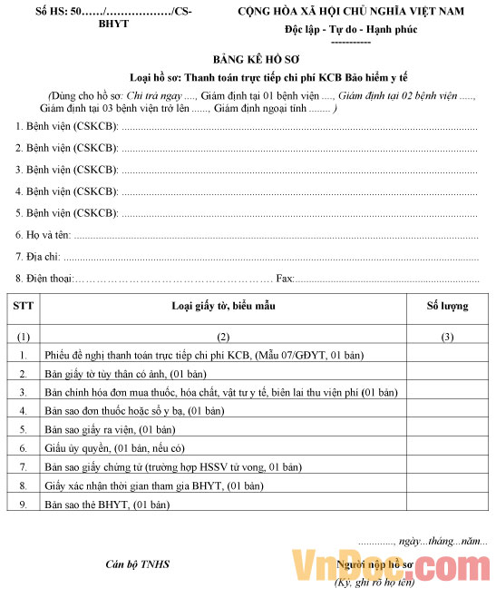 Mẫu bản kê thanh toán khám chữa bệnh (1 cửa)