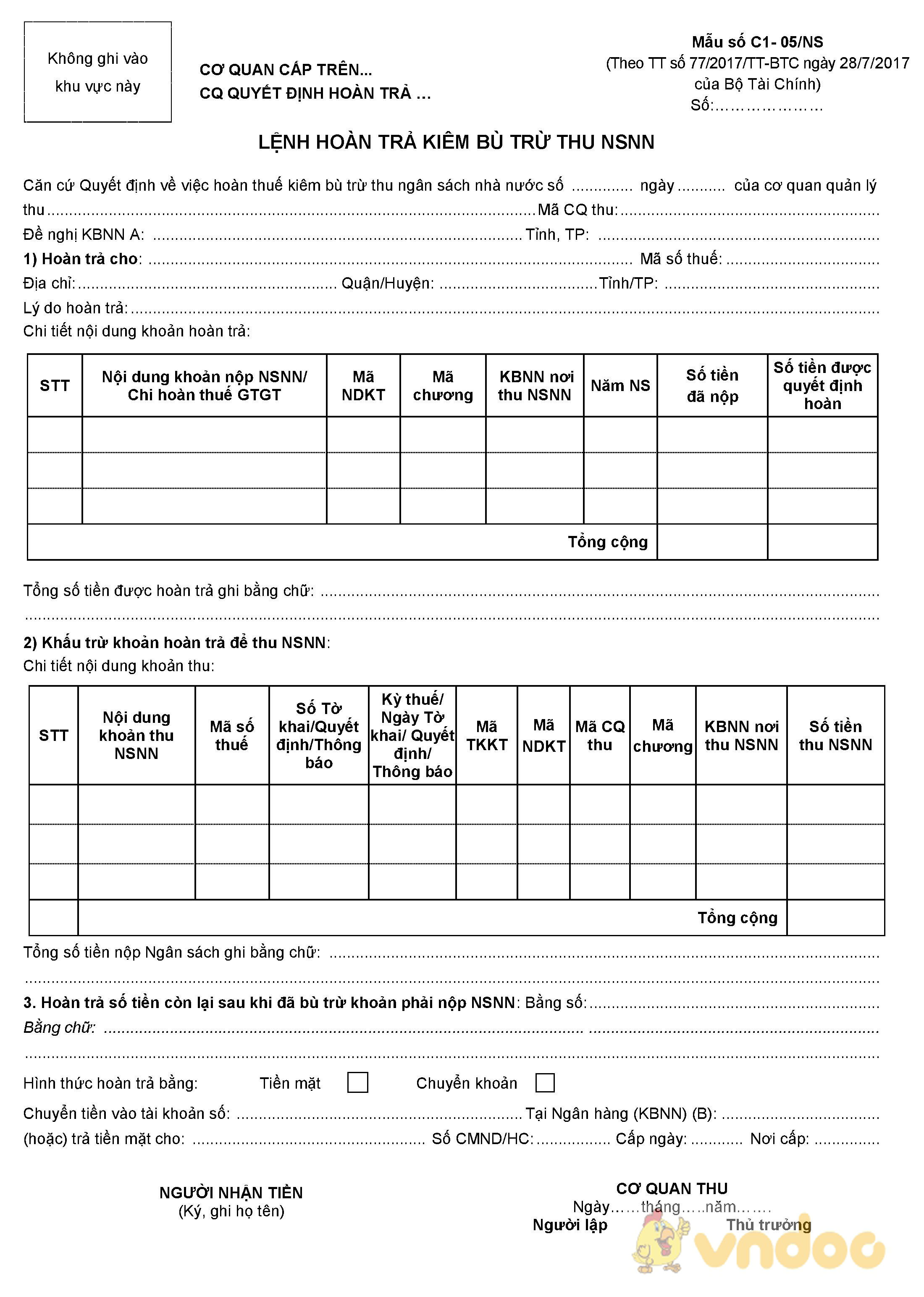 Mẫu lệnh hoàn trả kiêm bù trừ thu ngân sách nhà nước