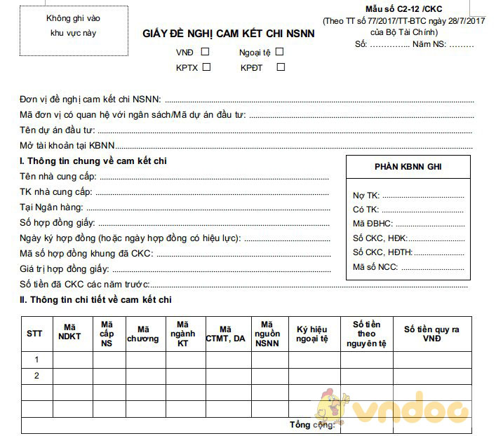 Giấy đề nghị cam kết chi ngân sách nhà nước