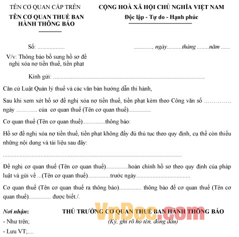 Mẫu thông báo sổ sung hồ sơ đề nghị xóa nợ tiền thuế, tiền phạt