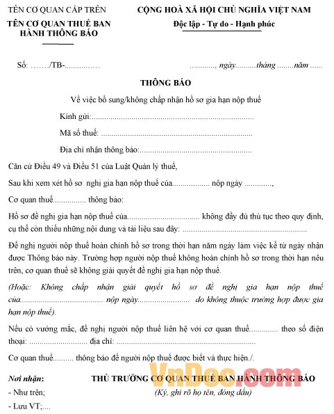 Mẫu thông báo về việc bổ sung/không chấp nhận hồ sơ gia hạn nộp thuế