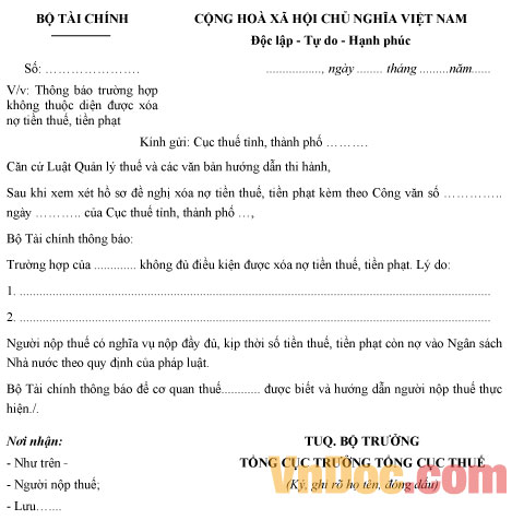 Mẫu thông báo trường hợp không thuộc diện được xóa nợ tiền thuế, tiền phạt