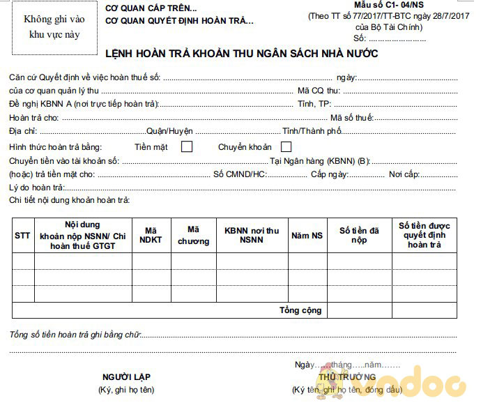 Mẫu lệnh hoàn trả khoản thu ngân sách Nhà nước