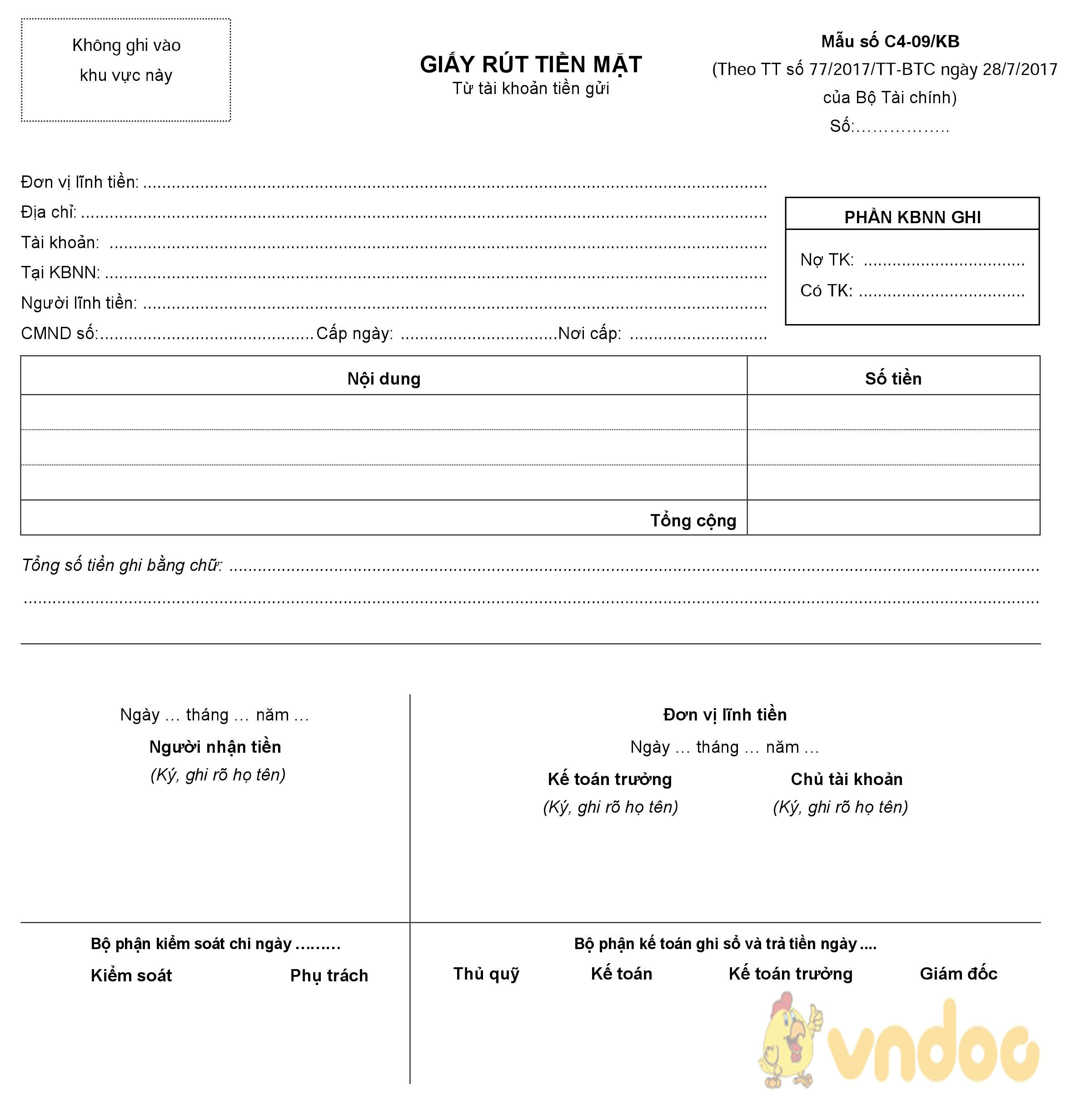 Giấy rút tiền mặt từ tài khoản tiền gửi