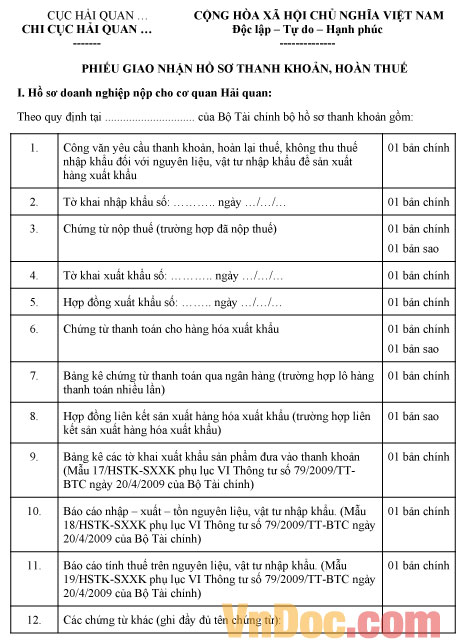 Mẫu phiếu giao nhận hồ sơ thanh khoản, hoàn thuế