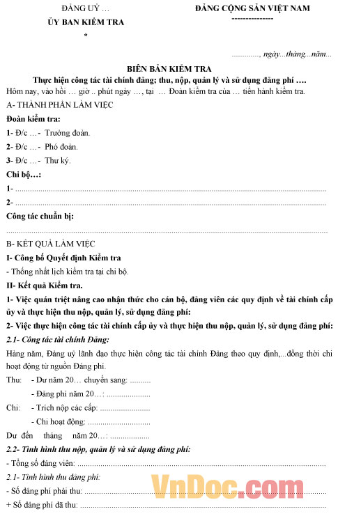 Mẫu biên bản kiểm tra thực hiện công tác tài chính Đảng