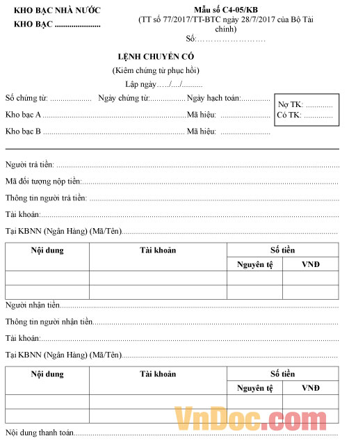 Mẫu lệnh chuyển có (kiêm chứng từ phục hồi)