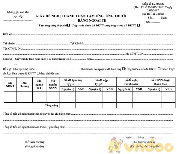 Giấy đề nghị thanh toán tạm ứng, ứng trước bằng ngoại tệ