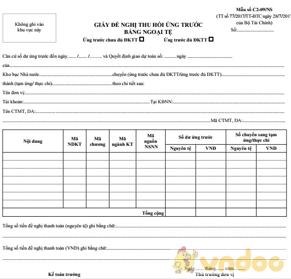 Giấy đề nghị thu hồi ứng trước bằng ngoại tệ