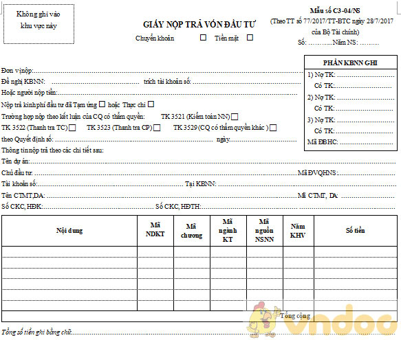Giấy nộp trả vốn đầu tư