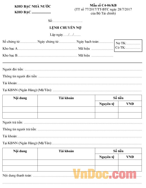 Mẫu lệnh chuyển nợ