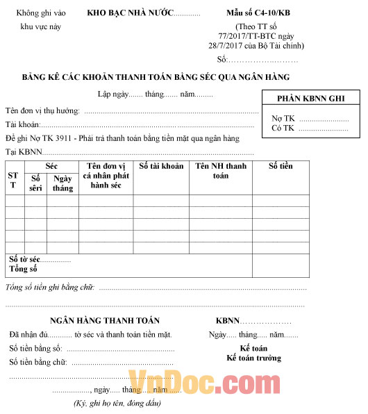 mẫu số C4-10/KB bảng kê các khoản thanh toán bằng séc qua ngân hàng
