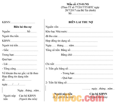Mẫu biên lai thu nợ