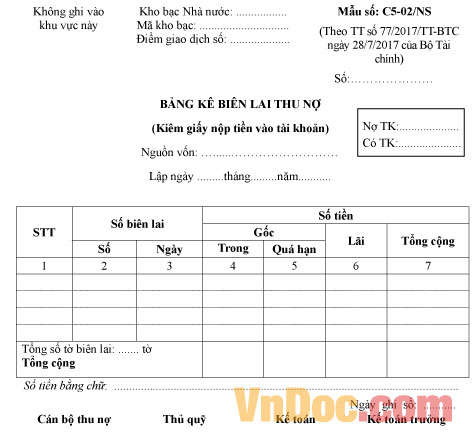 Mẫu bảng kê biên lai thu nợ
