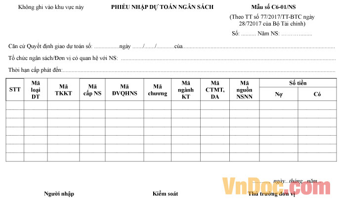 Mẫu số C6-01/NS phiếu nhập dự toán ngân sách