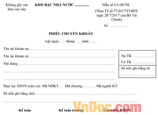 Mẫu số C6-08/NS phiếu chuyển khoản