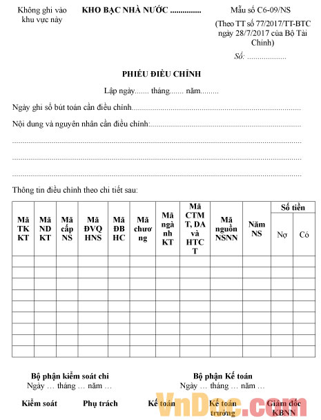 Mẫu số C6-09/NS phiếu điều chỉnh