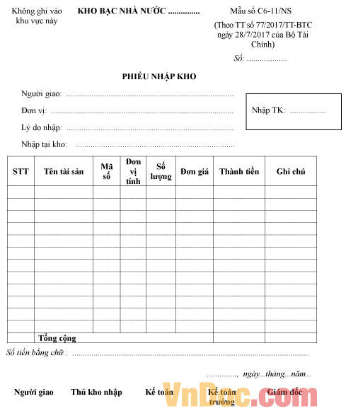 Mẫu số C6-11/NS phiếu nhập kho