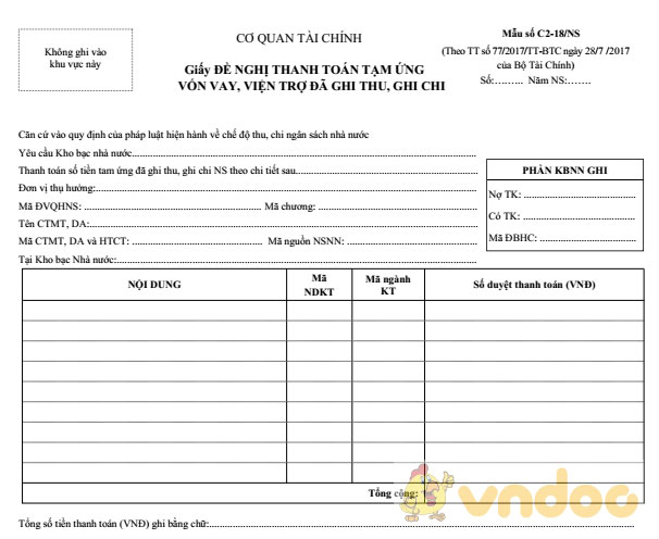 Giấy đề nghị thanh toán tạm ứng vốn vay, viện trợ đã ghi thu, ghi chi