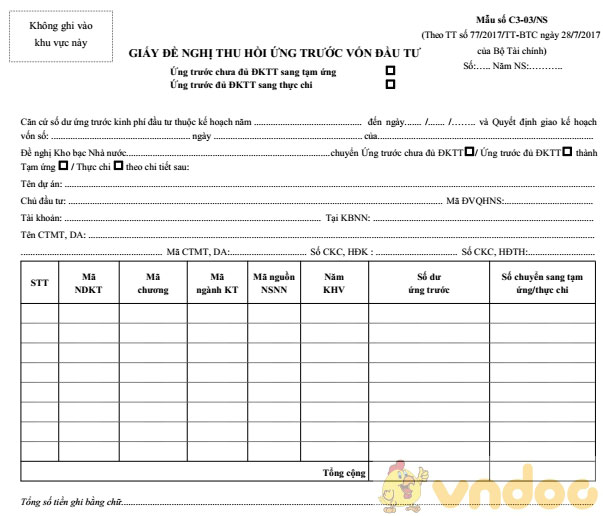 Giấy đề nghị thu hồi ứng trước vốn đầu tư