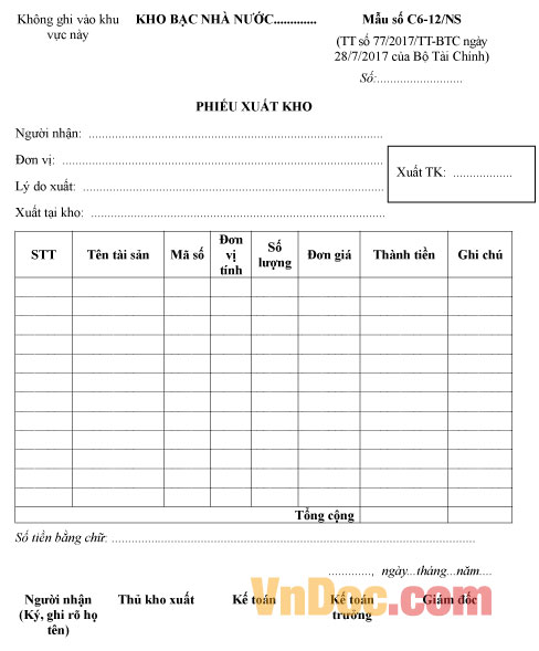 Mẫu số C6-12/NS phiếu xuất kho