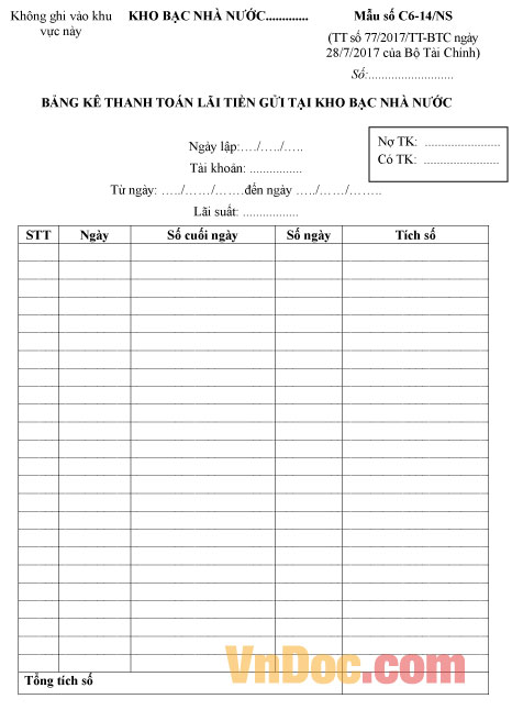 Mẫu số C6-14/NS bảng kê thanh toán lãi tiền gửi tại kho bạc nhà nước