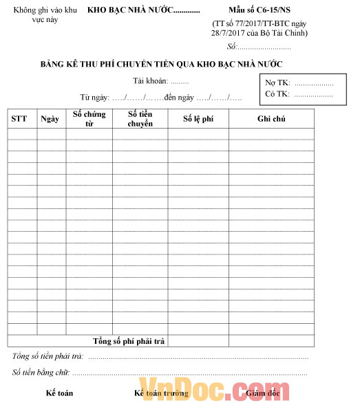 Mẫu số C6-15/NS bảng kê thu phí chuyển tiền qua kho bạc nhà nước