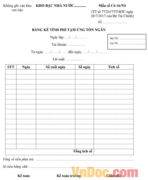 Mẫu số C6-16/NS bảng kê tính phí tạm ứng tồn ngân