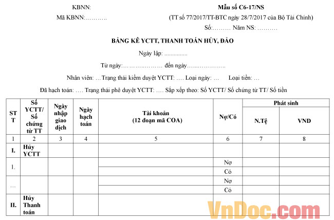 Mẫu số C6-17/NS bảng kê yctt, thanh toán hủy, đảo